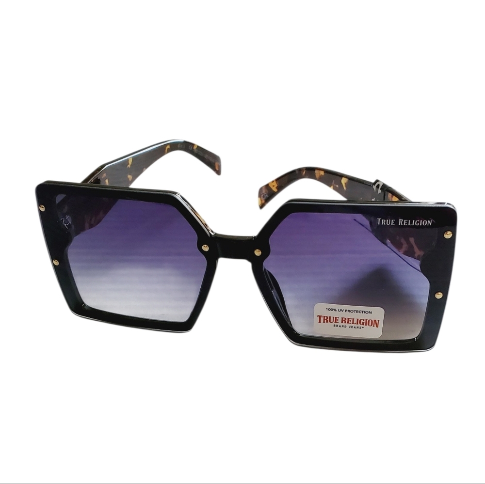 TRUE RELIGION Oversized Glossy Black Sunglasses Gold Accent